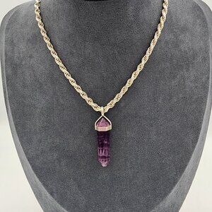 Vintage Italian 925 Sterling Silver Chain Necklace With Amethyst Crystal Pendant